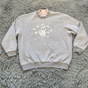 Vintage Cat Sweatshirt Mock Neck 90s Embroidered Kitten Snow Gray Pink Winter